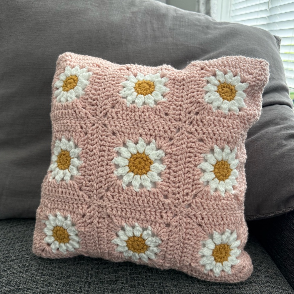 Handmade Daisy Granny Square Throw Pillow